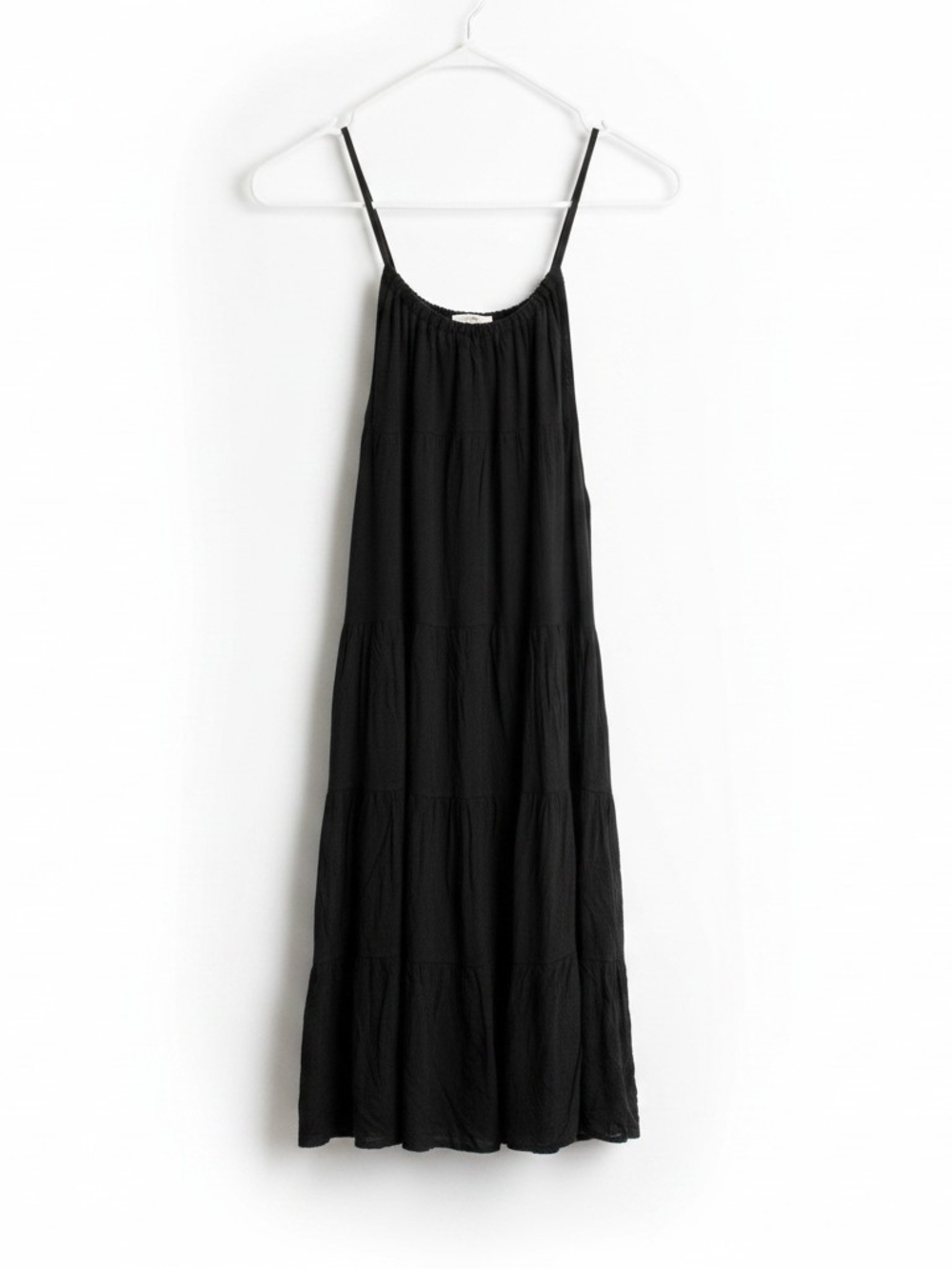 Women’s Black Tiered Midi Slip Dress with Spaghetti Straps